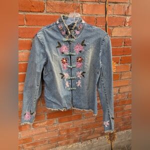 INC International Concepts Floral Embroidered Vintage Denim Jacket Petite Medium
